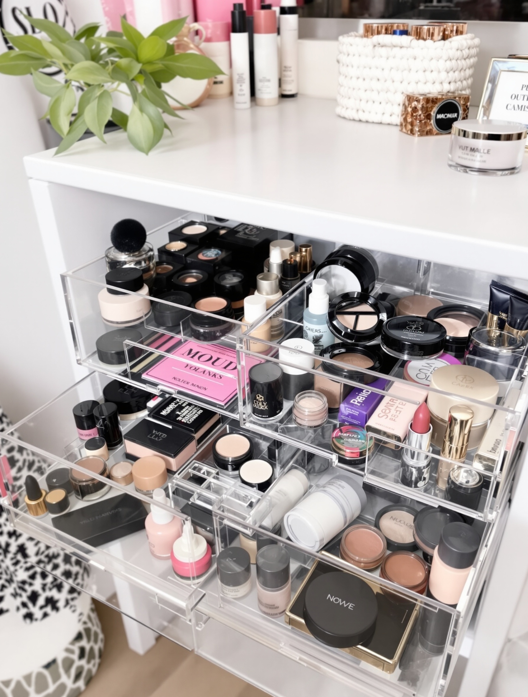 A neatly organized makeup drawer with clear acrylic organizers displaying various makeup products.