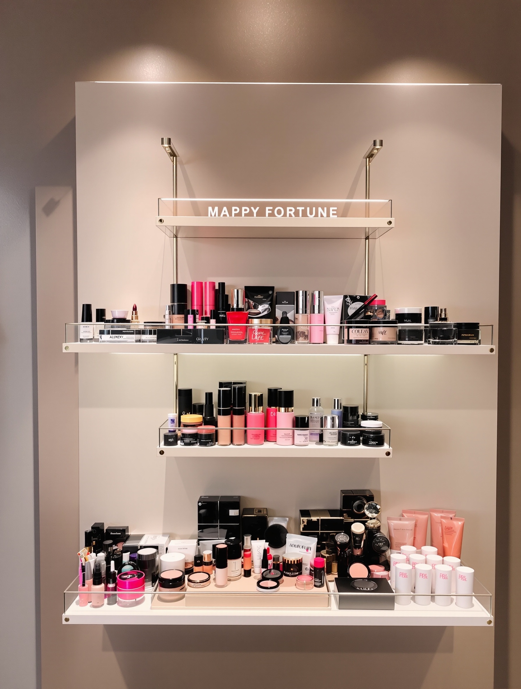 A modern wall-mounted makeup shelf displaying various beauty products in an organized manner.