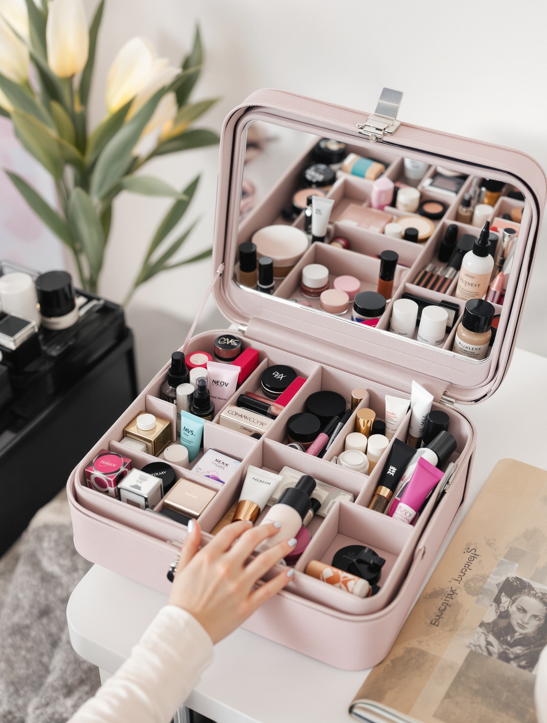 A stylish multi-compartment makeup case filled with various beauty products, featuring a clear mirror and organized sections.