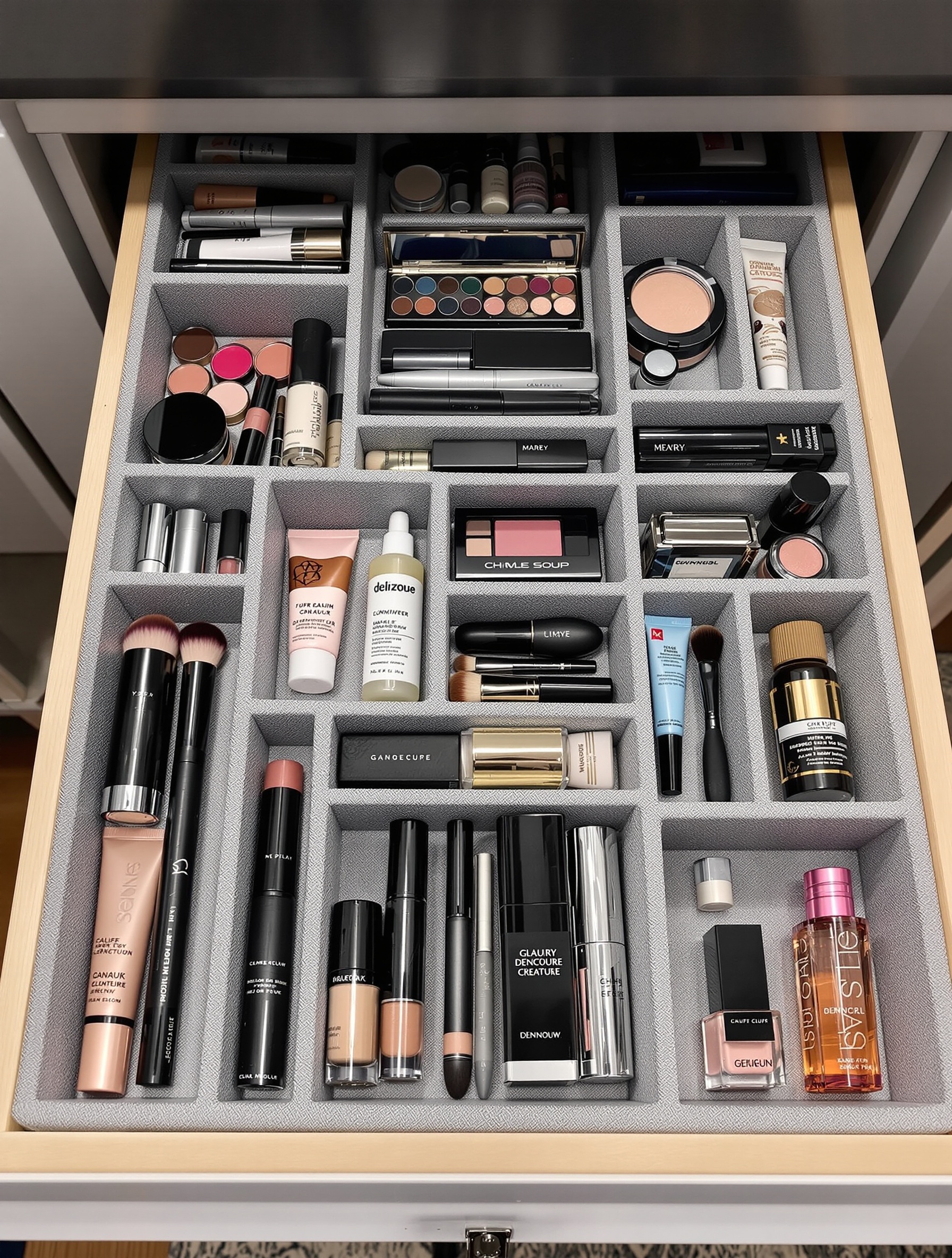 Organized makeup drawer with customized inserts showing various makeup products neatly arranged.
