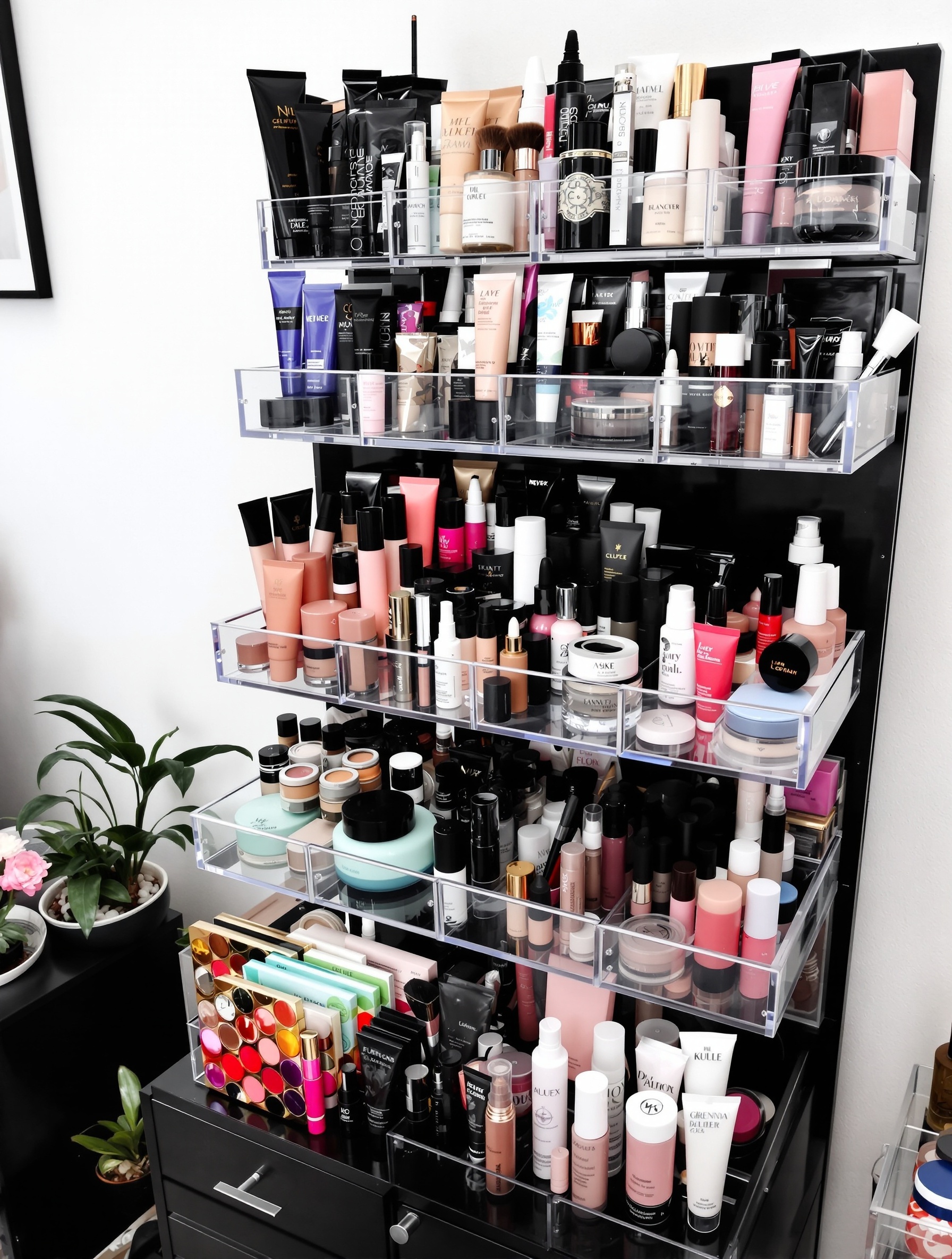 A tiered makeup stand filled with various beauty products, showcasing an organized makeup collection.
