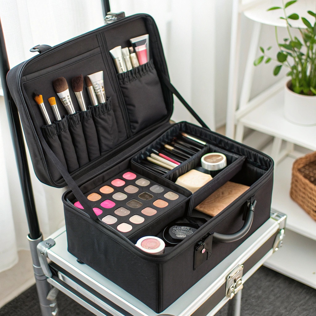 A portable makeup trolley filled with various makeup products, featuring a mirror on top.