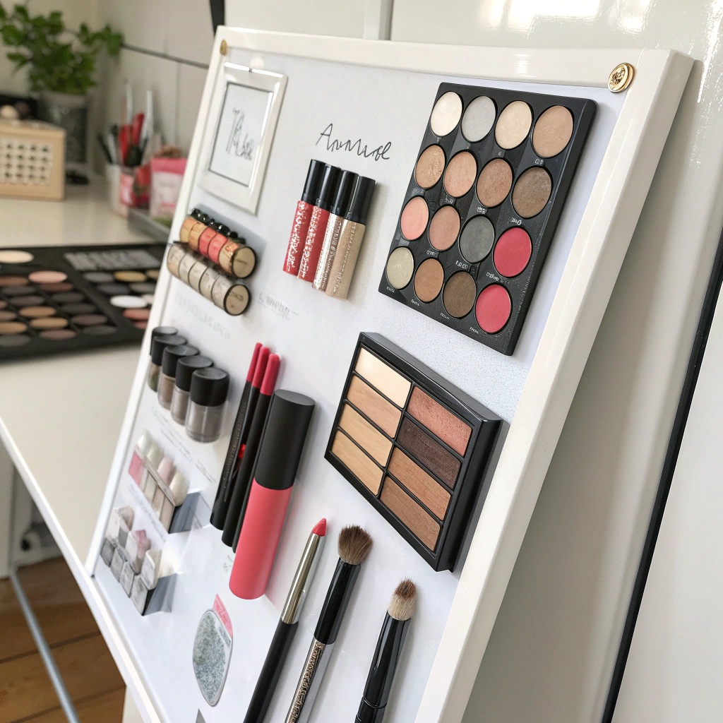 A magnetic makeup board displaying various makeup products and handwritten notes.