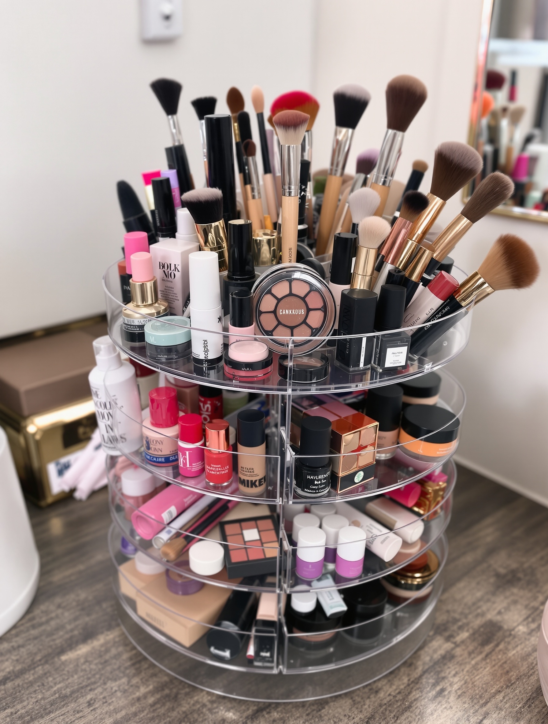 A rotating makeup carousel filled with various makeup products and brushes.