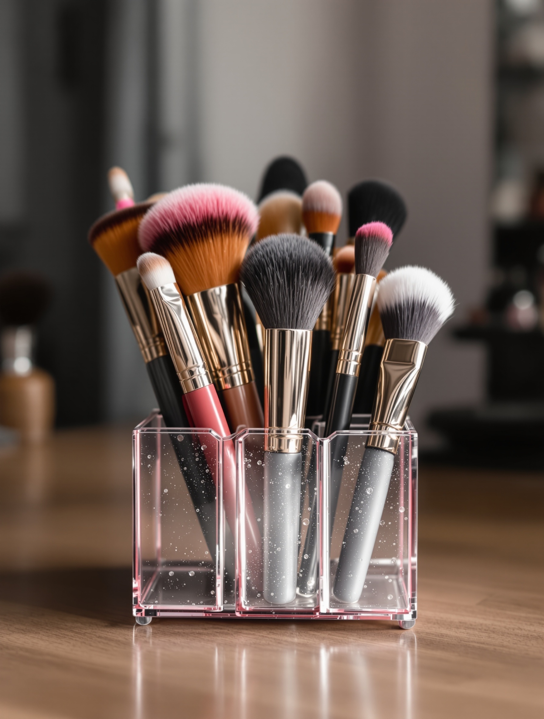 A clear acrylic makeup brush holder with dividers, filled with various makeup brushes.