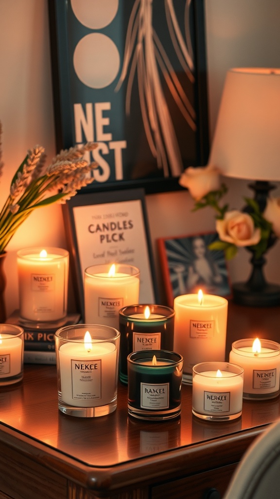 A cozy arrangement of various scented candles on a desk, creating a warm and relaxing ambiance.