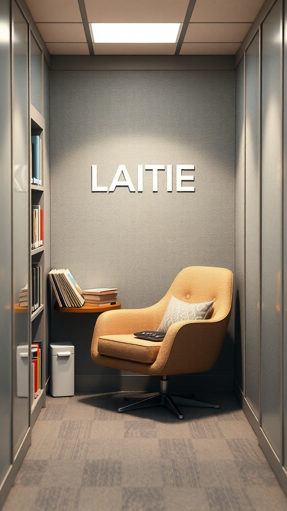 A cozy reading nook with a chair and bookshelves in a cubicle.
