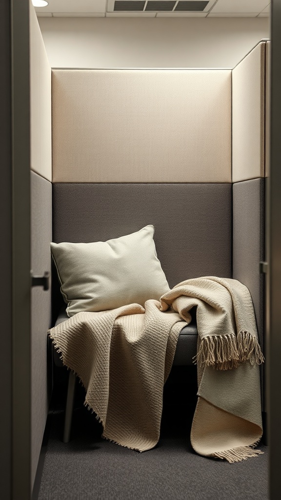 Cozy cubicle setup with a plush chair, pillow, and soft blanket.