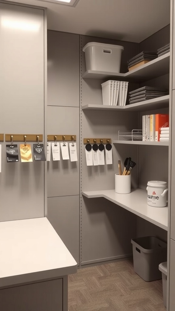 A cozy cubicle featuring shelves and storage for organization.