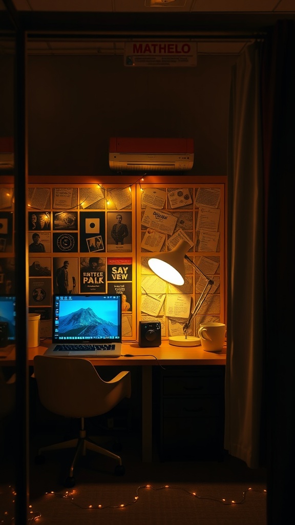 A cozy cubicle with warm lighting, featuring a desk, lamp, and decorative lights.