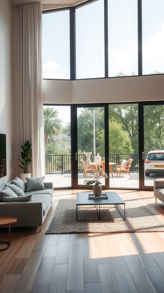 A bright living room with large windows showcasing outdoor greenery, featuring modern furniture, curtains, and a cozy rug.