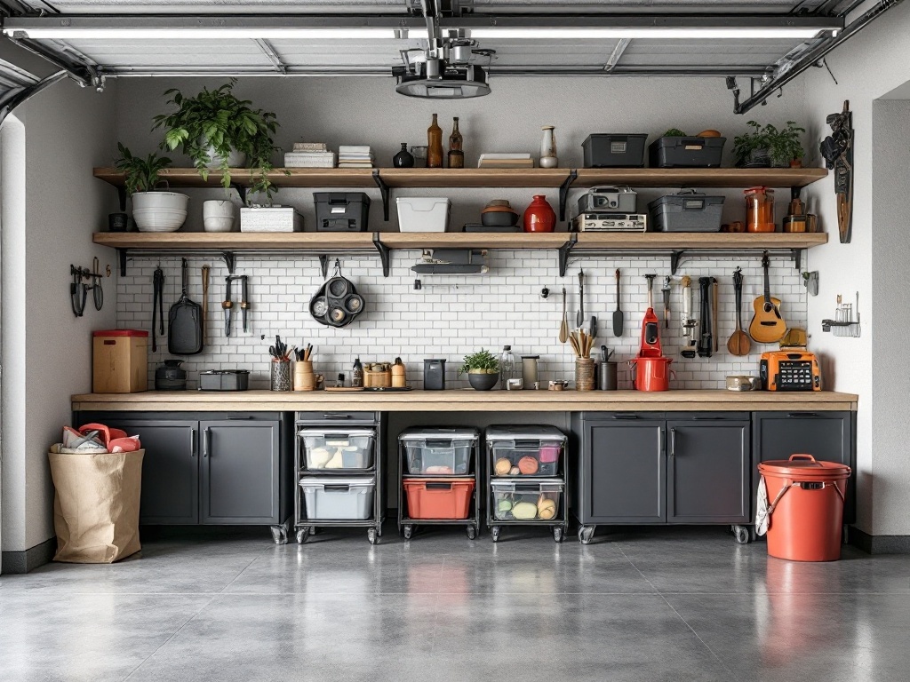 A stylishly organized garage with shelves, cabinetry, and various storage solutions.