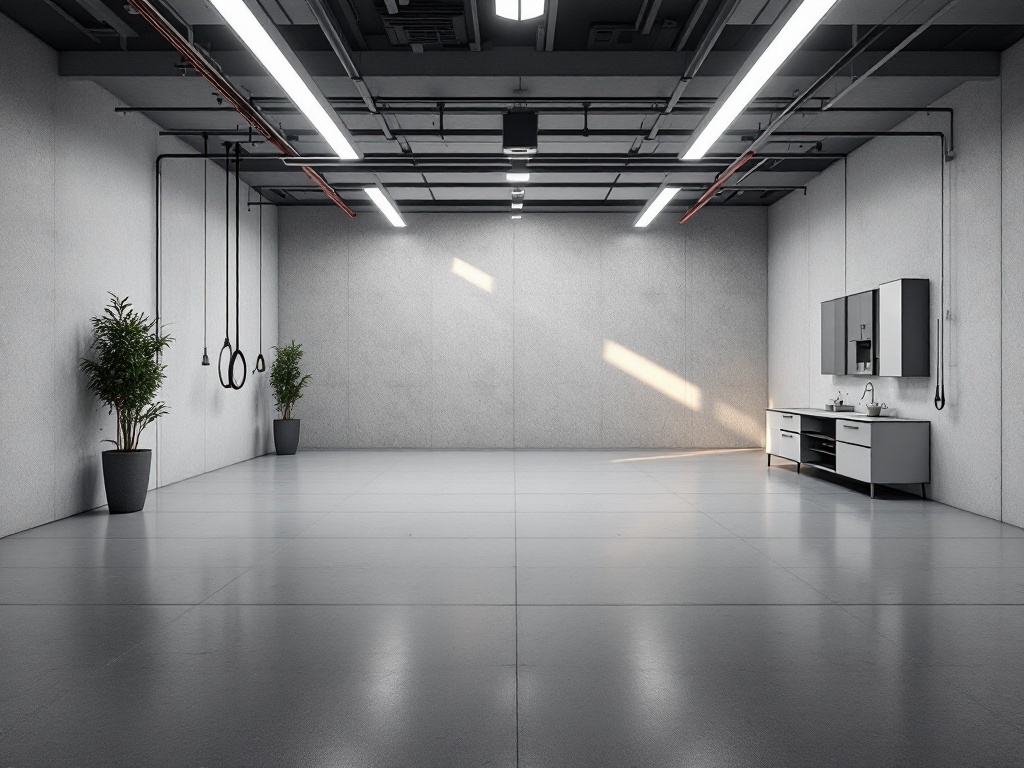 A modern garage space with a minimalist design featuring gray walls, a clean floor, and light fixtures.