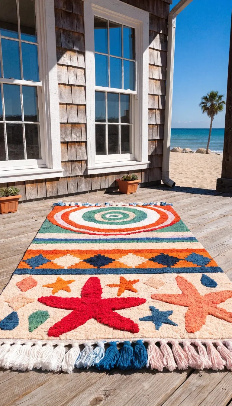 A colorful outdoor rug featuring starfish and spiral patterns on a wooden porch with a beach view.