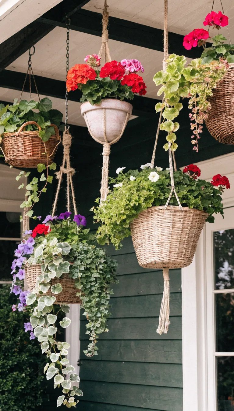 Hanging planters with vibrant flowers and greenery on a porch
