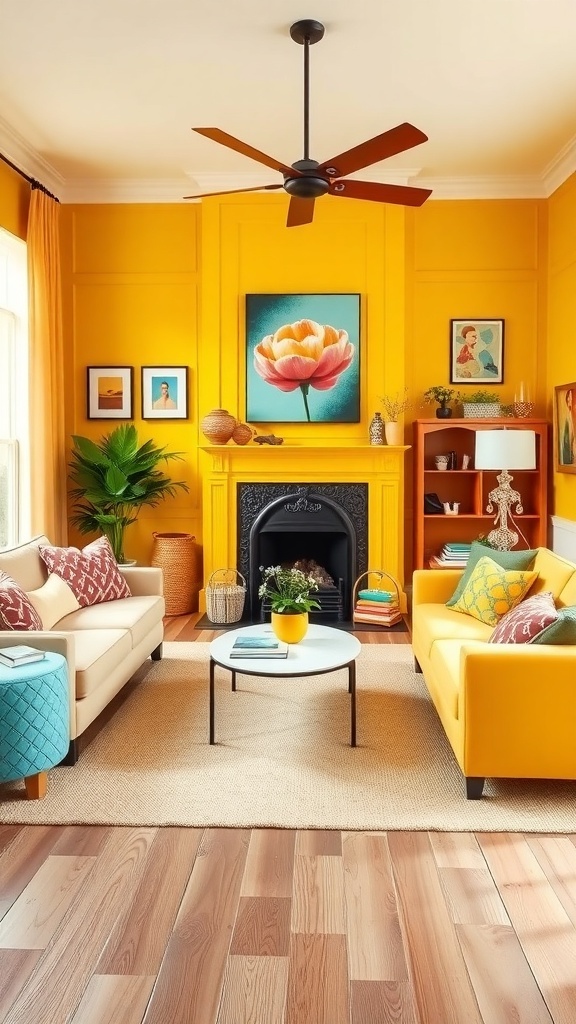 Bright living room with mustard yellow walls, cozy seating, and modern decor.