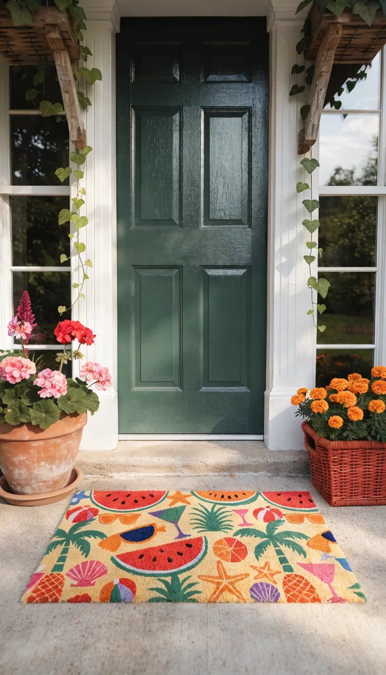 A colorful summer welcome mat featuring fruits and tropical designs in front of a green door with flowers on either side.