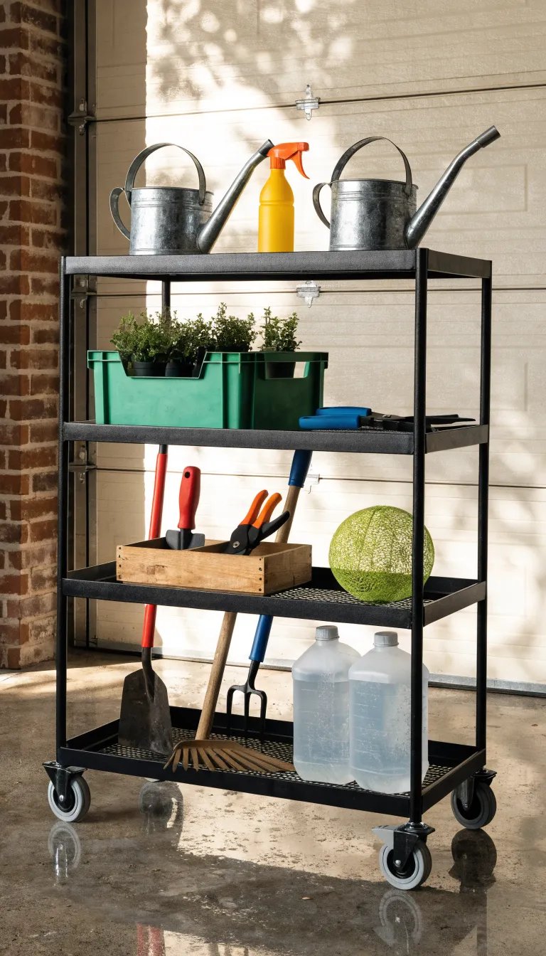 Rolling storage cart with gardening tools, watering cans, and plant supplies in a garage setting.