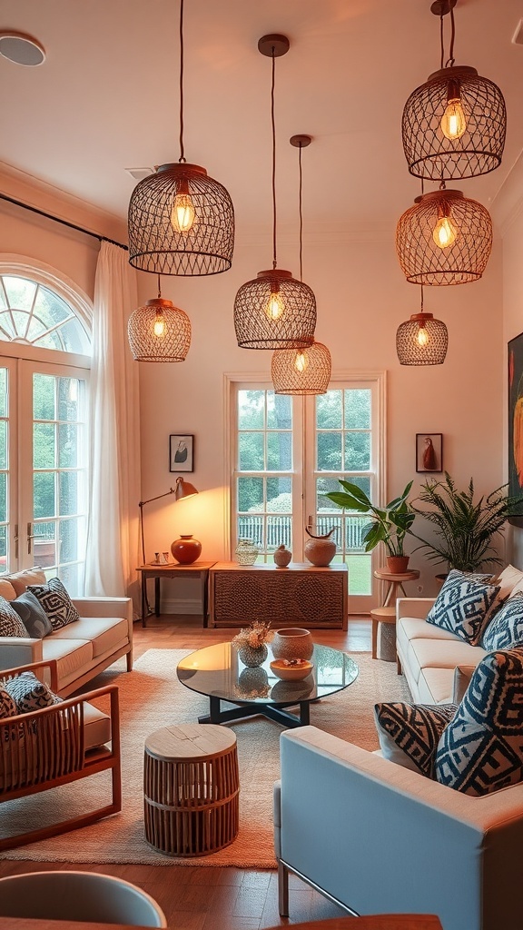 Cozy living room with light fixtures and summer decor