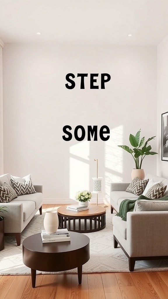 Modern summer living room with gray sofas, a round coffee table, and green plants.