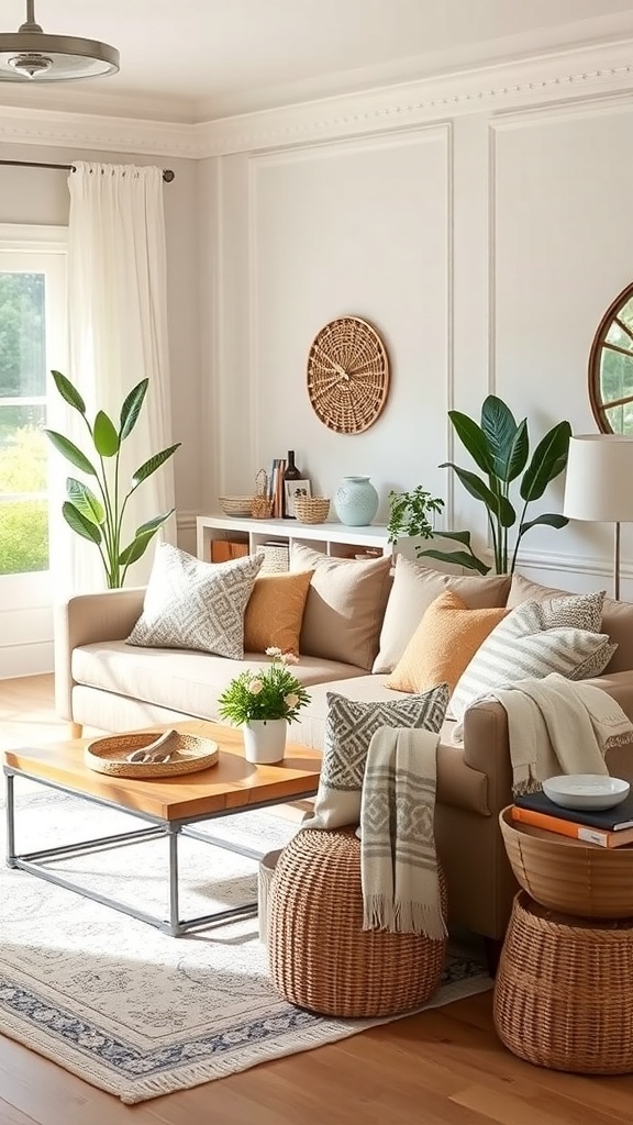 A cozy summer living room with a light couch, colorful pillows, plants, and woven decor.
