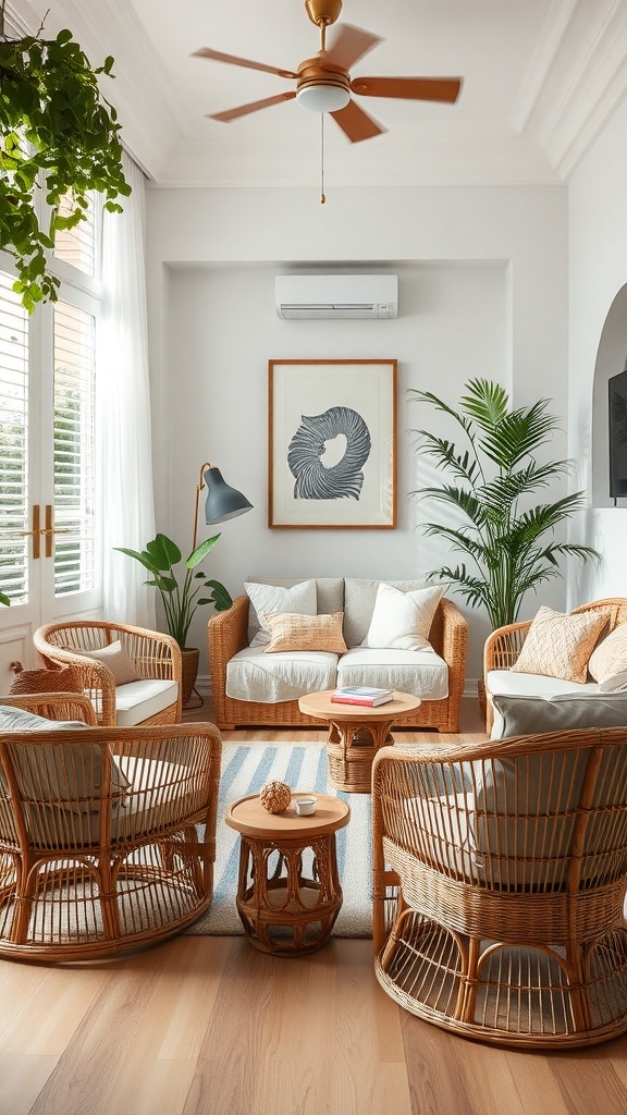 A cozy summer living room featuring rattan furniture, light cushions, and indoor plants.