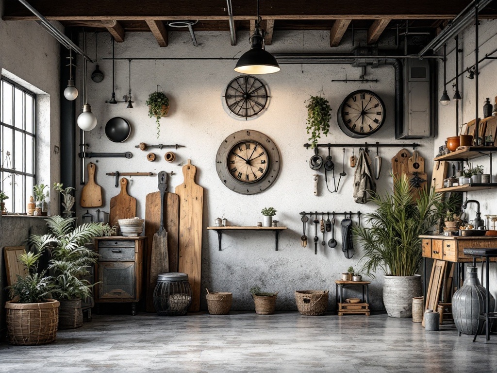 Stylish industrial garage decor with metal and wood elements, plants, and vintage items.
