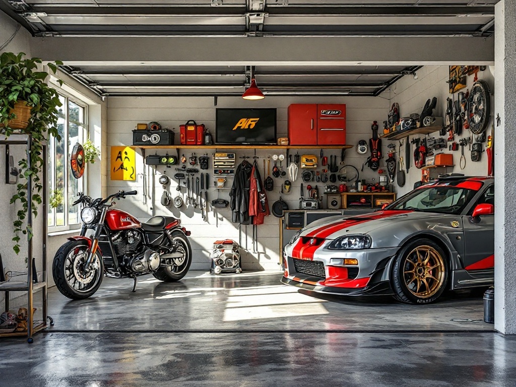 A modern garage showcasing a motorcycle and a sports car with themed decor.
