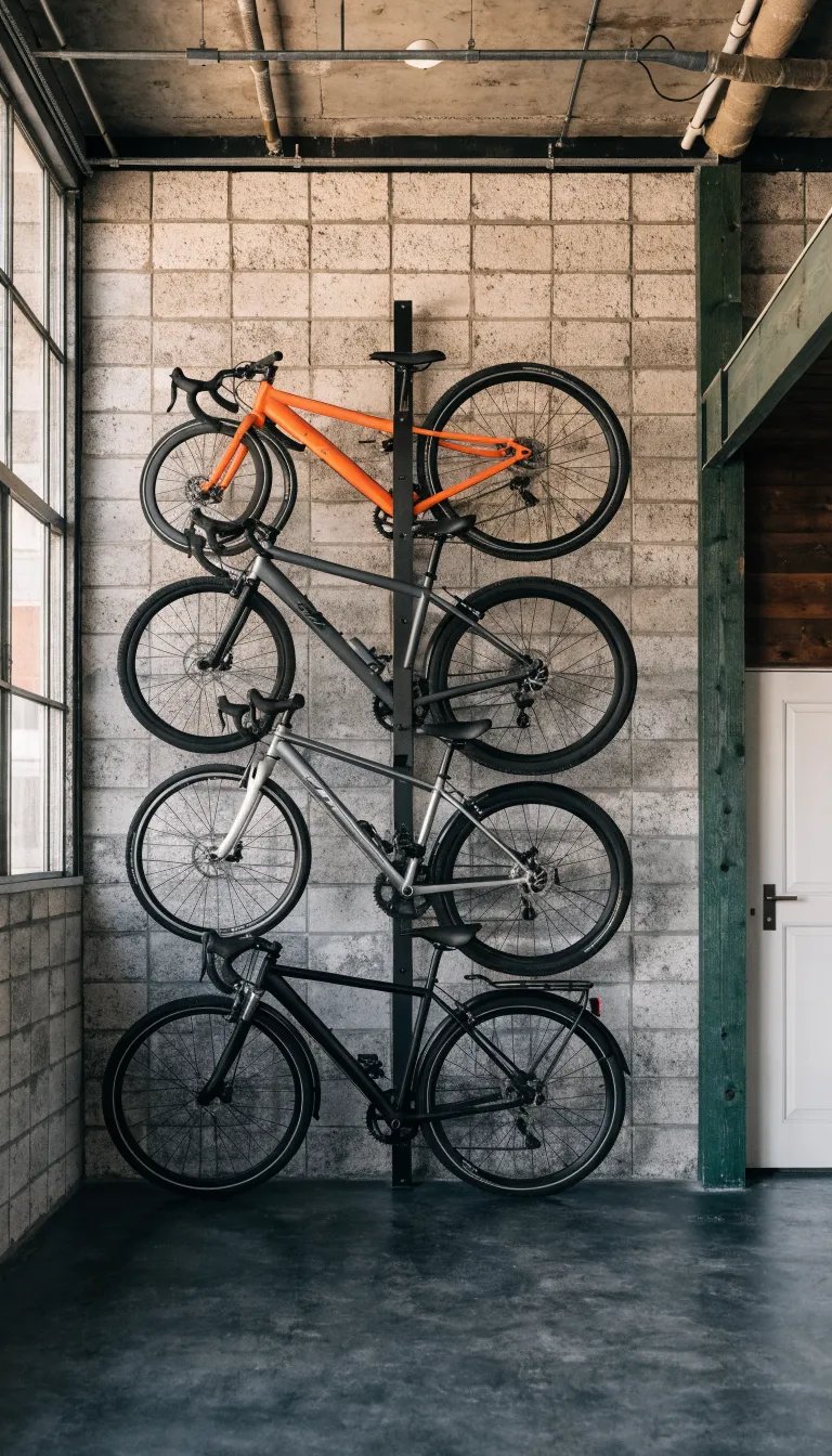 A vertical bike rack holding four bicycles in a modern garage.