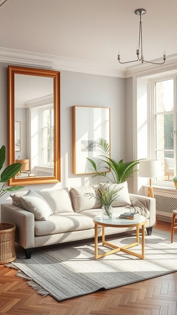 Bright summer living room featuring mirrors that reflect natural light.