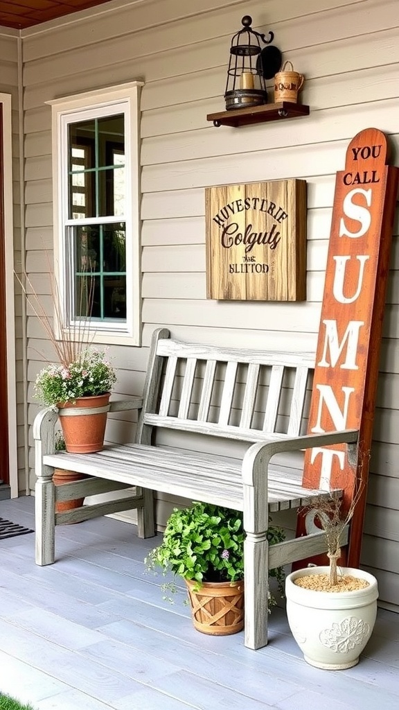 A rustic porch with a wooden bench and detailed woodwork under a rainy backdrop.