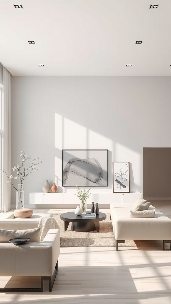 A modern living room featuring light gray walls and minimalist furniture.
