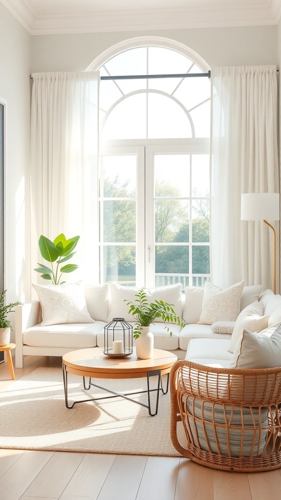 Bright and airy summer living room with a light sofa, natural wood coffee table, and greenery by large windows.