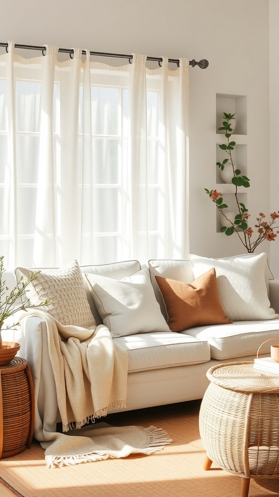 Light and airy living room with a white couch, pillows, and natural decor elements