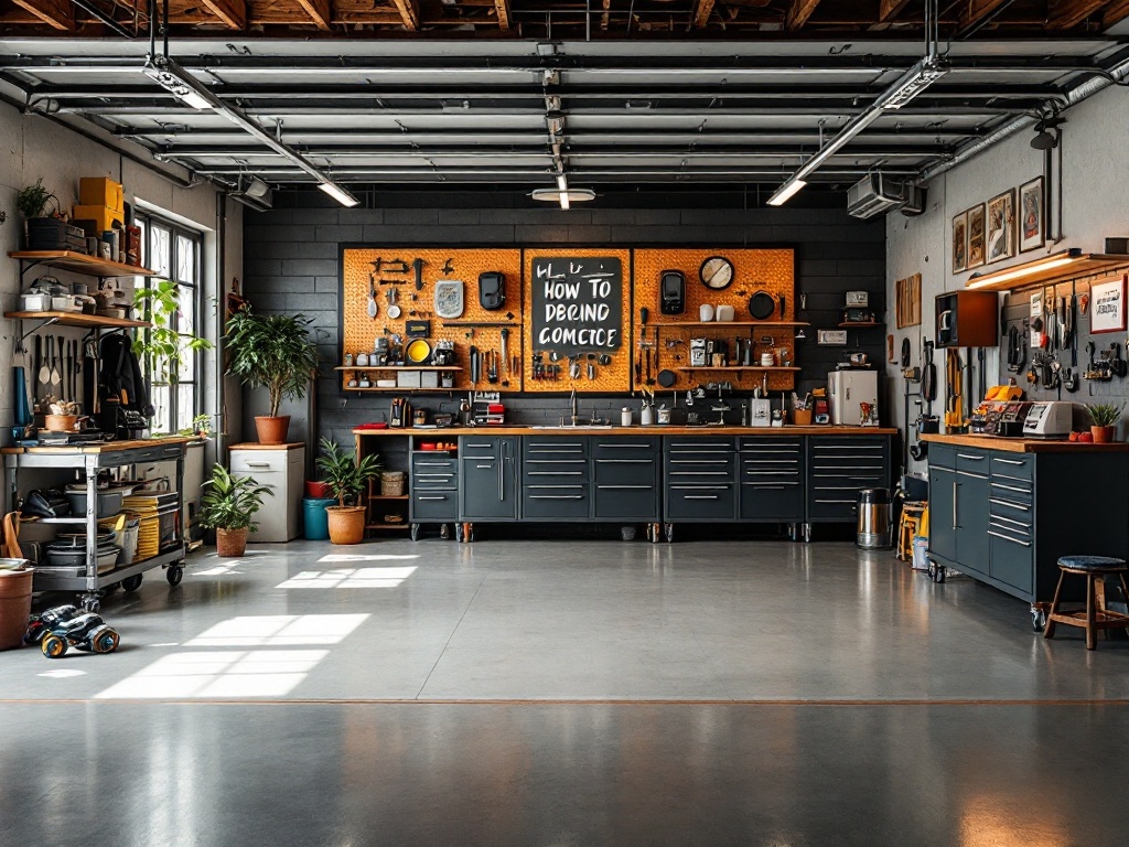 Stylish, organized garage with tools, plants, and seating