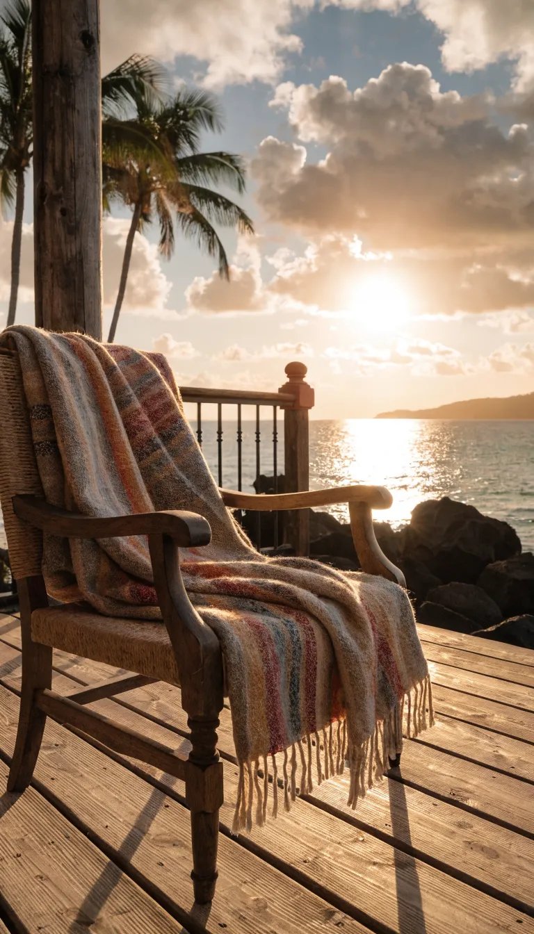 A colorful throw blanket draped over a wooden chair on a sunset-lit porch by the beach.