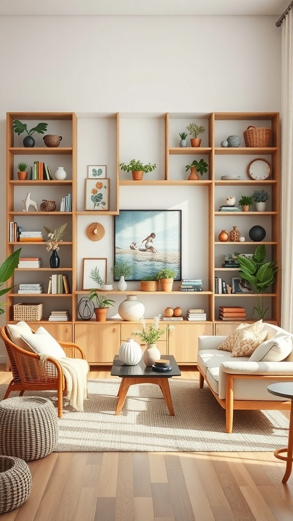 Open shelving in a modern living room displaying plants, books, and decorative items.