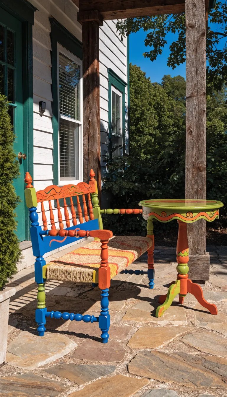 A colorful DIY painted bench and table on a front porch.