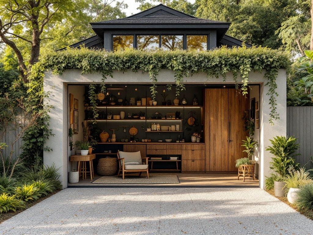 A stylish garage with wooden elements, lush greenery, and natural decor.