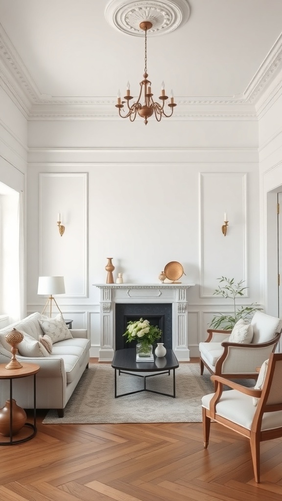 Elegant living room with classic white walls, wooden floor, and stylish furniture