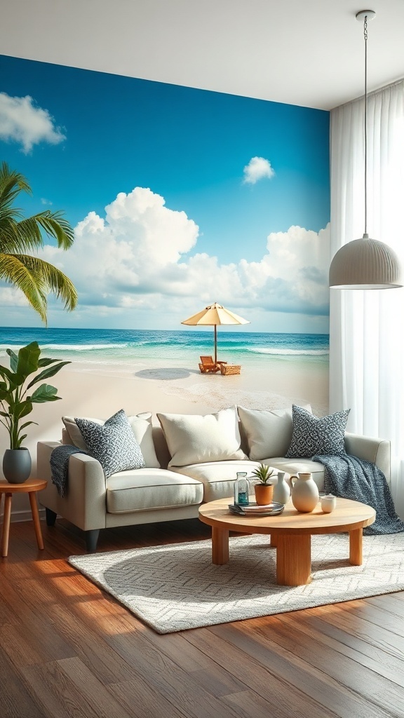 A summer-themed living room with beach mural accent wall, light furniture, and natural elements.