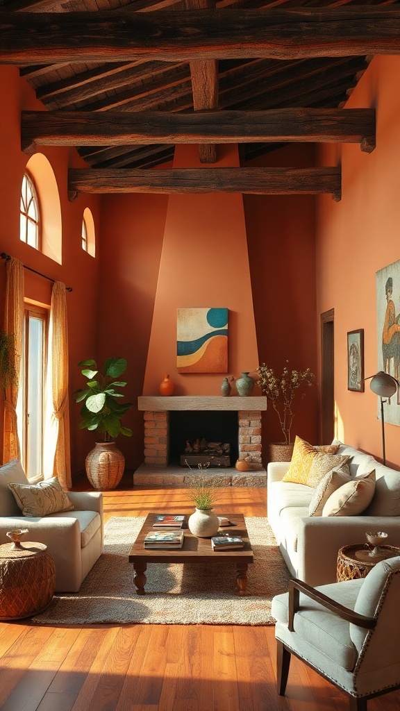 Living room painted in warm terracotta with wooden beams and cozy furniture.