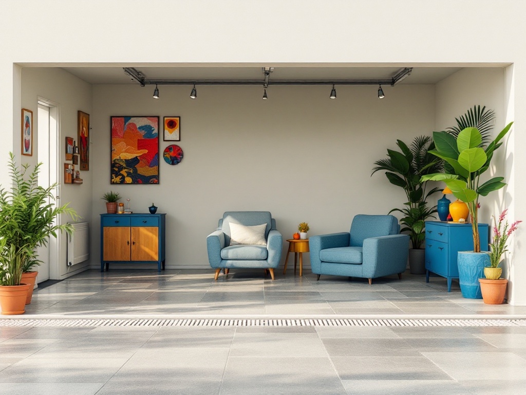 A stylish garage space with vibrant blue furniture, colorful artwork, and lush plants against neutral walls.