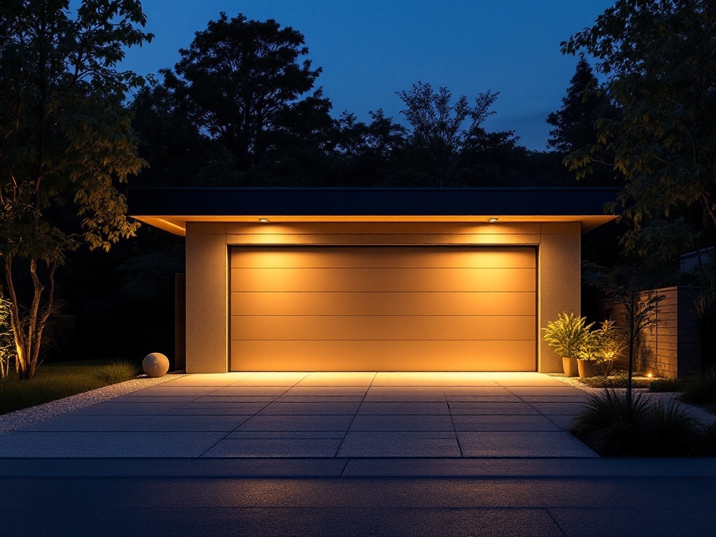 A modern garage with warm ambient lighting at night.