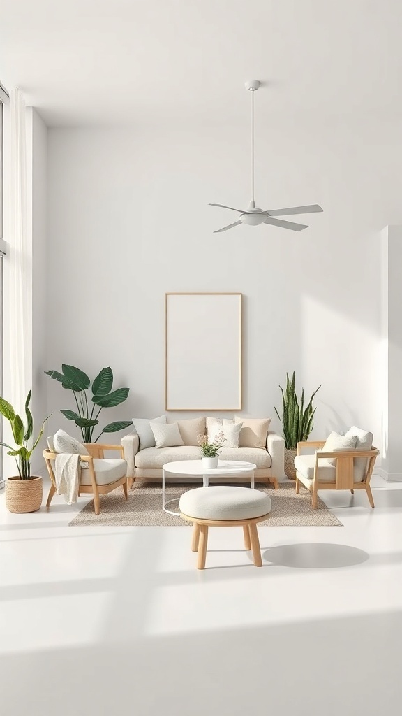 A minimalist living room decorated for summer, featuring light furniture, plants, and a bright atmosphere