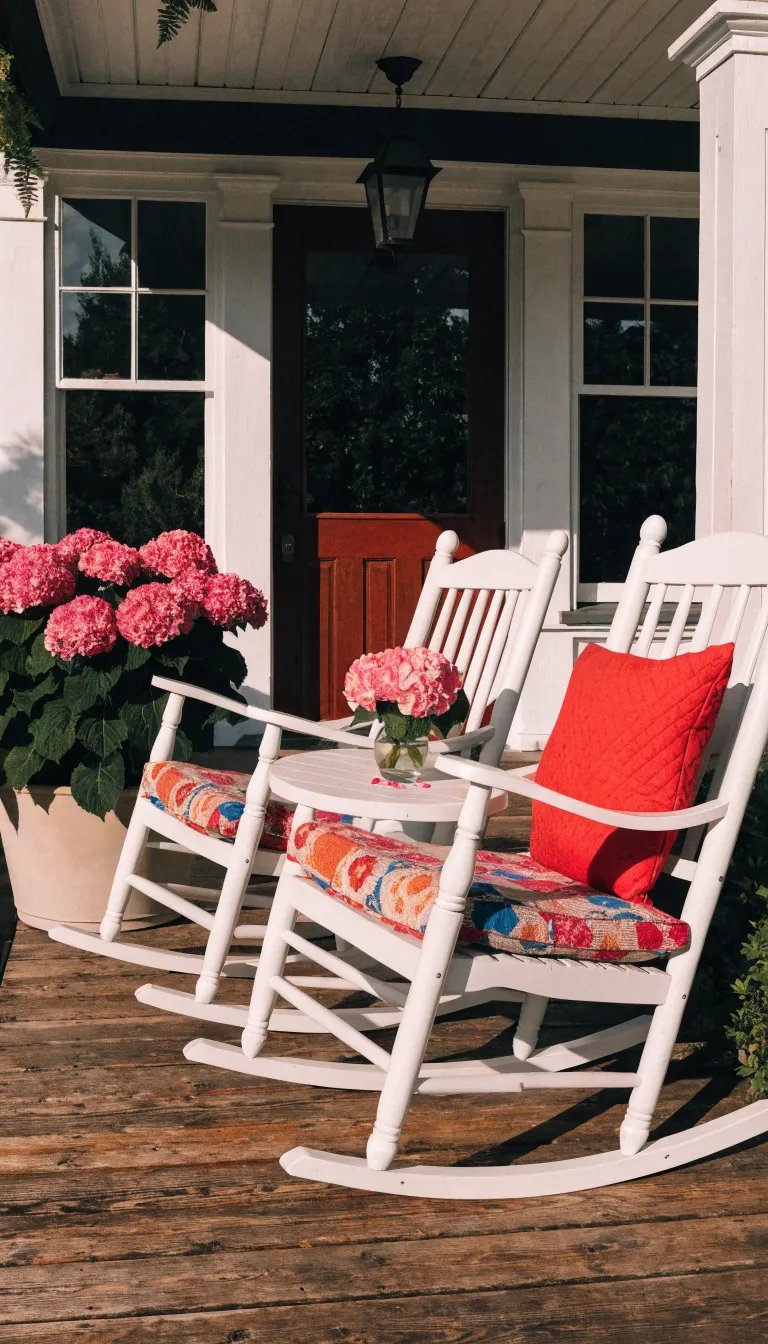 Cozy front porch with white rocking chairs, colorful cushions, and pink hydrangeas