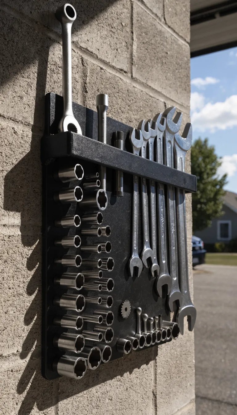 Magnetic tool holder on a wall with various tools like wrenches and sockets neatly arranged.