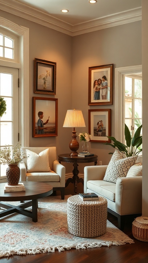 Stylish summer living room with family photos on the wall, showcasing a cozy atmosphere.