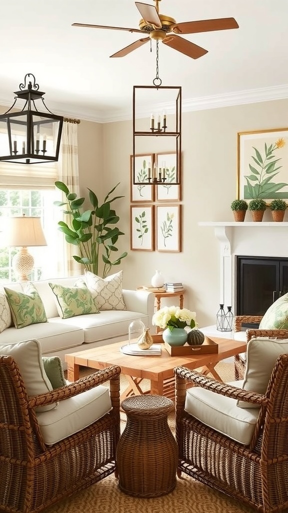 A stylish living room featuring outdoor-inspired accents, with beige striped curtains, green plants, and wooden furniture.