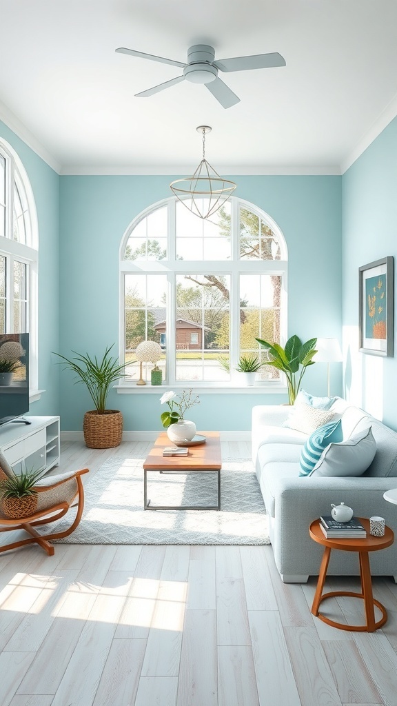 A stylish living room painted cool aqua with large windows, plants, and modern furniture.